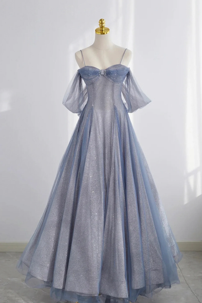 Blue Spaghetti Strap Tulle Long Prom Dress, A-Line Formal Dress nv595