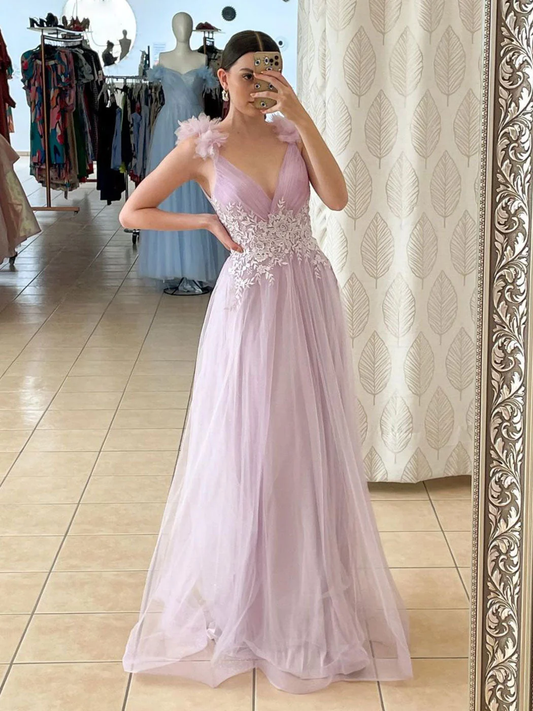 Aline V Neck Pink Long Prom Dresses, Pink Lace Long Formal Graduation Dresses nv834