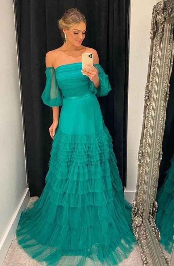 Tulle Evening Gowns Fashion A Line Strapless Long Prom Dresses Formal nv625