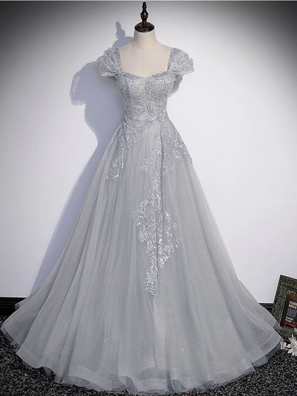 Gray tulle lace long prom dress, gray tulle lace long evening dress nv596