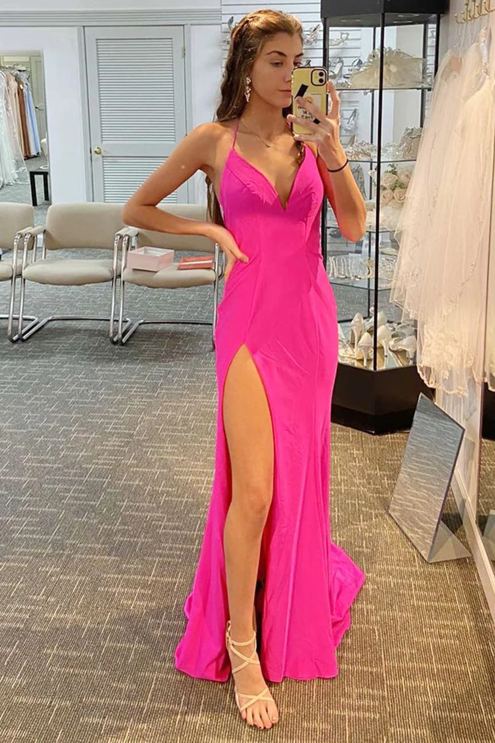 Beading Hot Pink Halter Prom Dress with Slit nv680