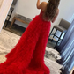 Red Beaded A-Line Tiered High Low Prom Homecoming Dress nv644