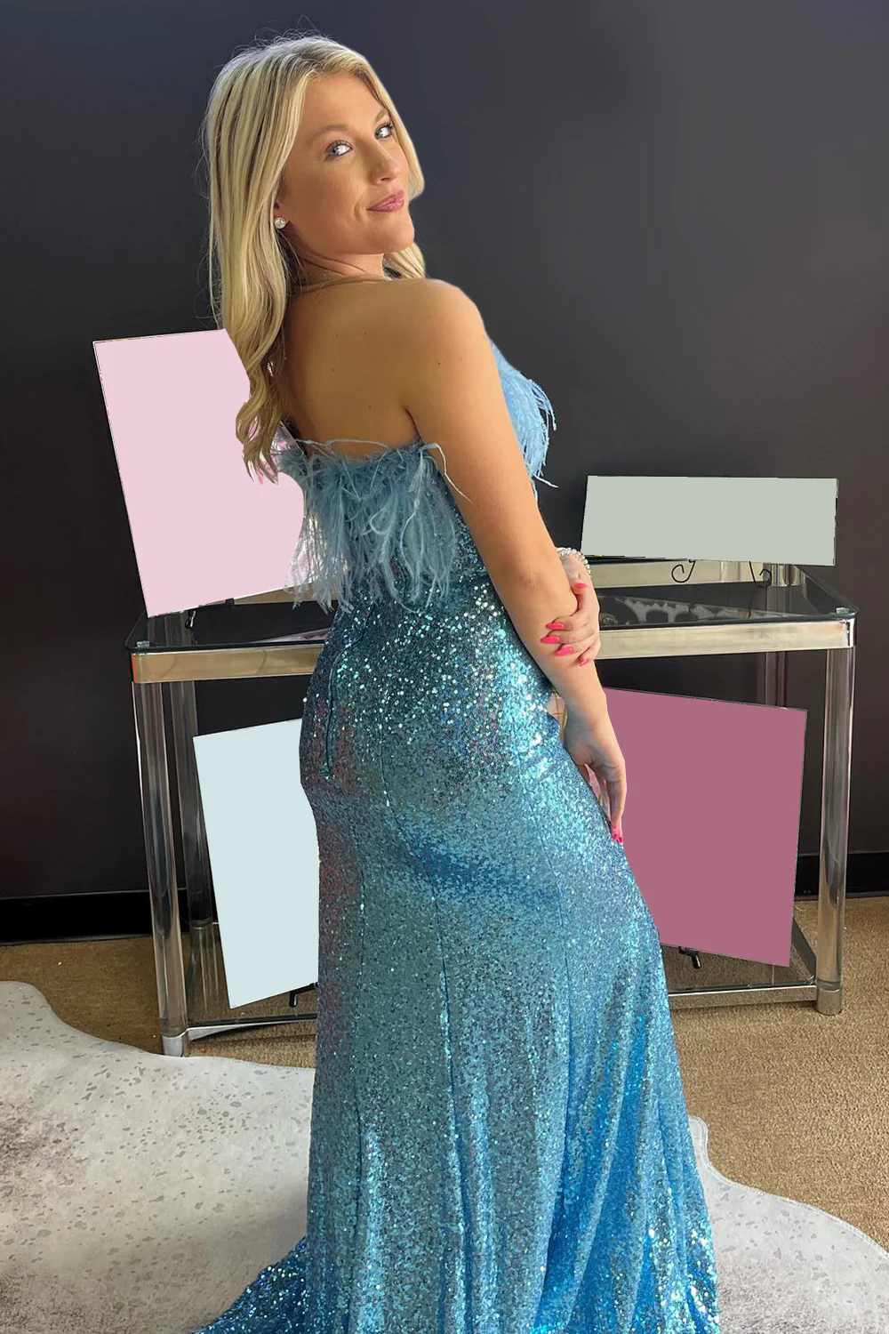Light Blue Sparkly Sequins Off the Shoulder Long Prom Dress with Feathers nv697