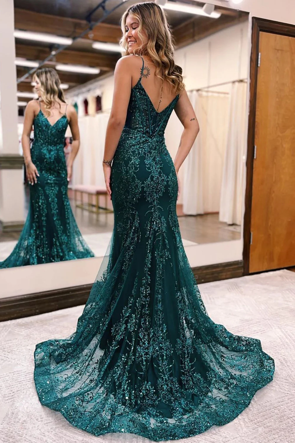 Sparkly Dark Green Mermaid Sequin Long Prom Dress nv670