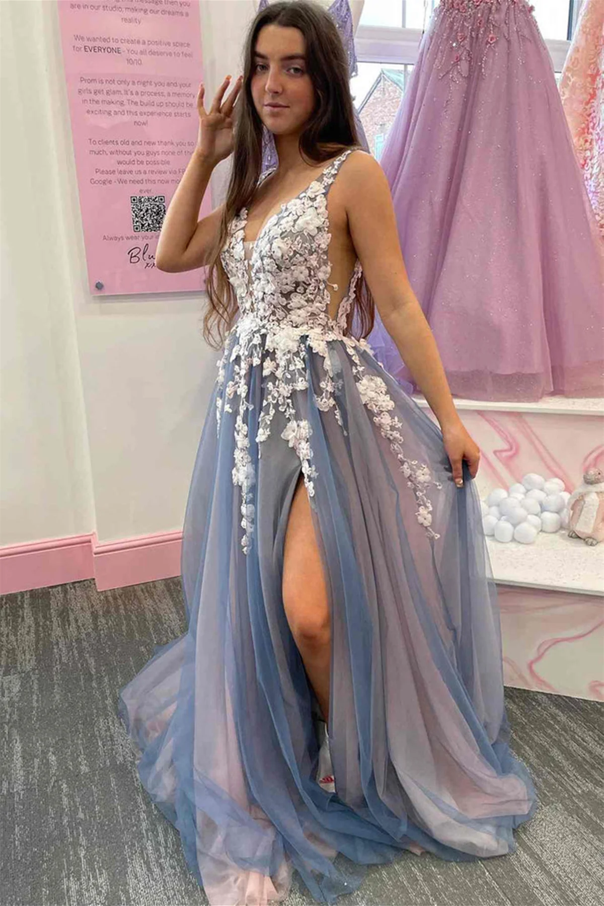 Elegant V Neck Smoke Gray Tulle Long Prom Dresses with Lace Flowers  nv711