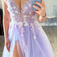 Lilac Tulle 3D Floral Lace A-Line Prom Gown with Slit nv833