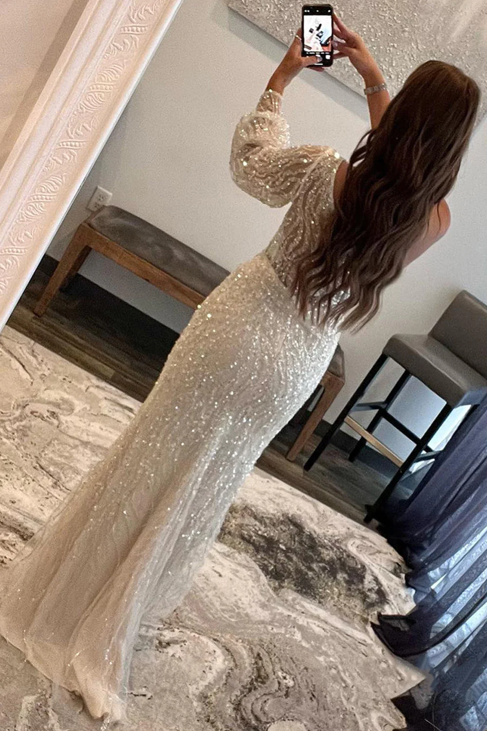 White Sequins One Shoulder Prom Dress with Slit nv671