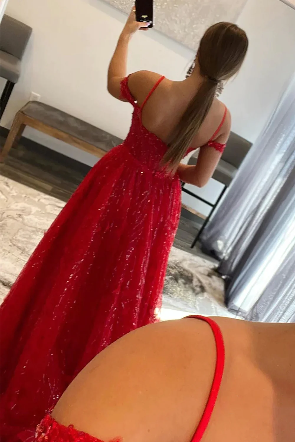 Red Sparkly Detachable Train Sequins Long Prom Dress with Slit nv643