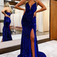 Black Lace-Up Back Sequis Mermaid Prom Dress with Slit nv631