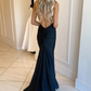 Mermaid Deep V Neck Black Long Prom Dress with Open Back nv646
