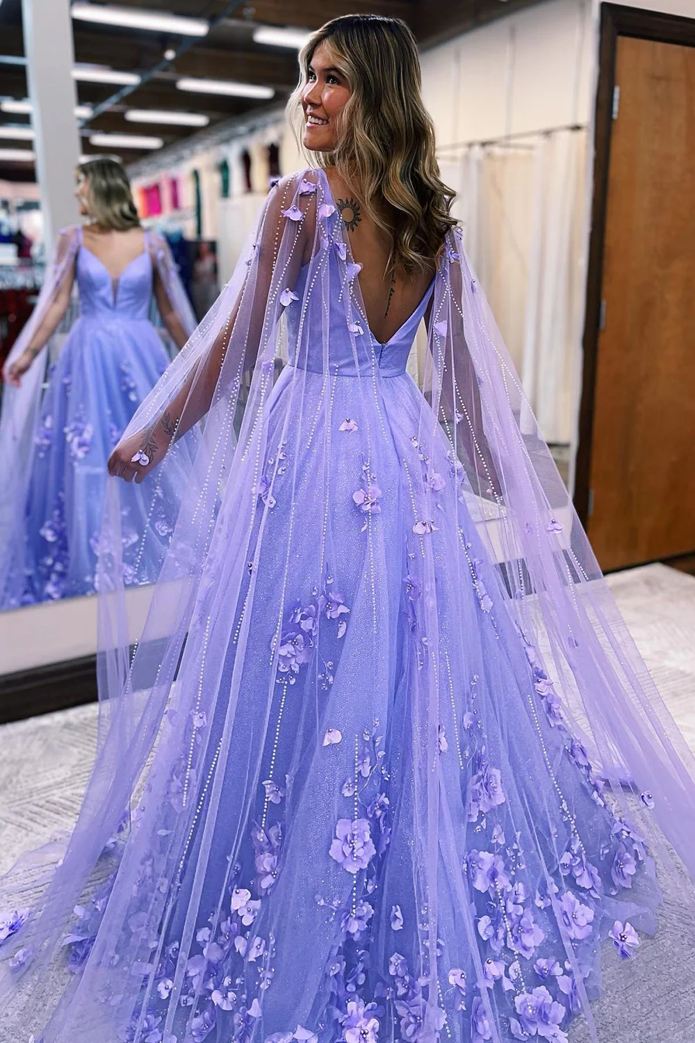 Glitter Purple A-Line Long Prom Dress with 3D Flowers nv656