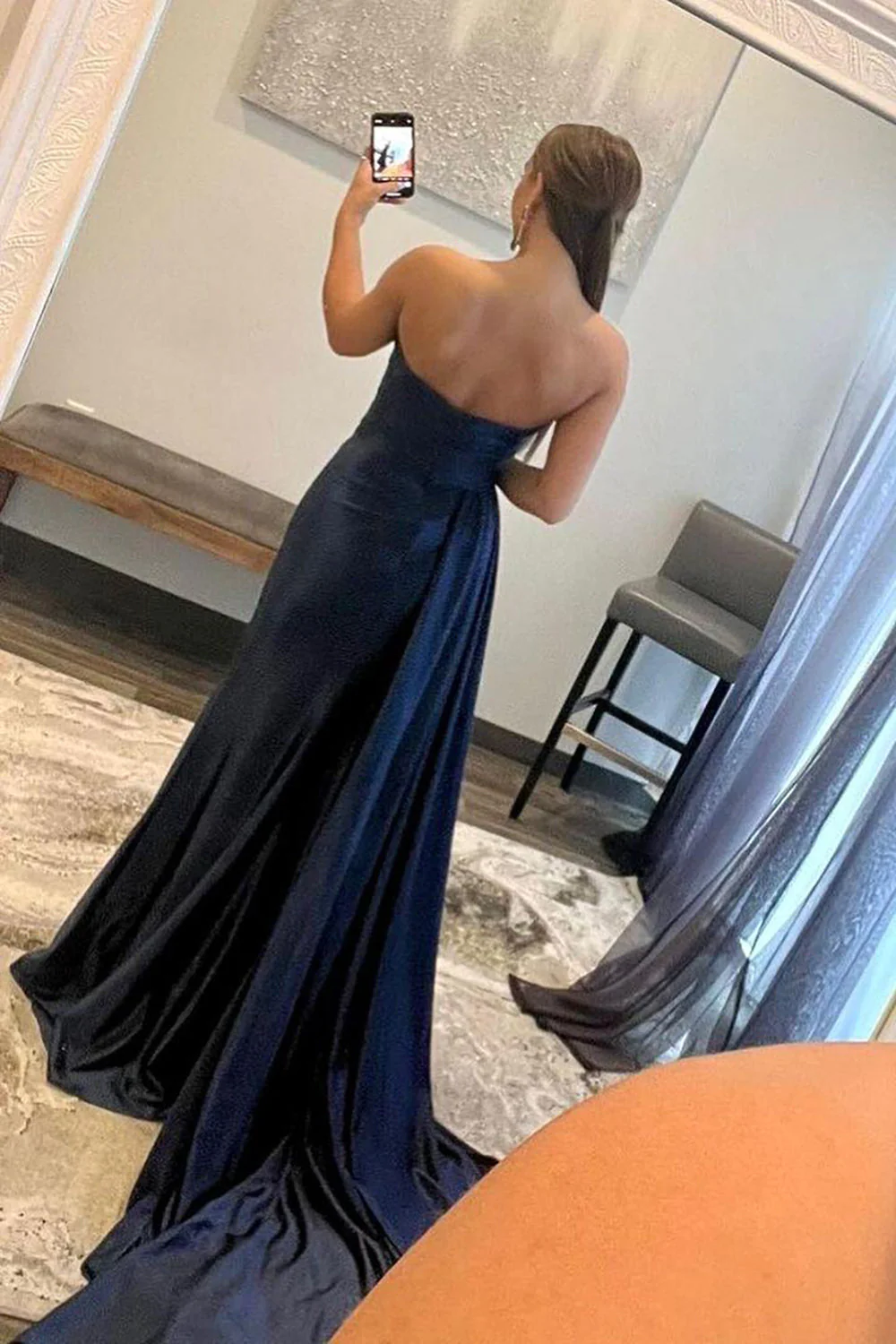 A Line Sweethaert Navy Blue Long Prom Dress with Split Front nv648