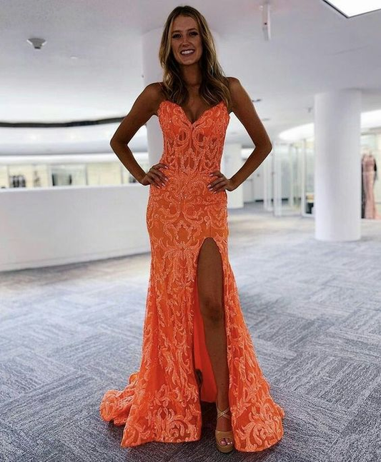 Beautiful Sheer V Neck Orange Prom Dress Lace Applique Orange Evening Dress nv748