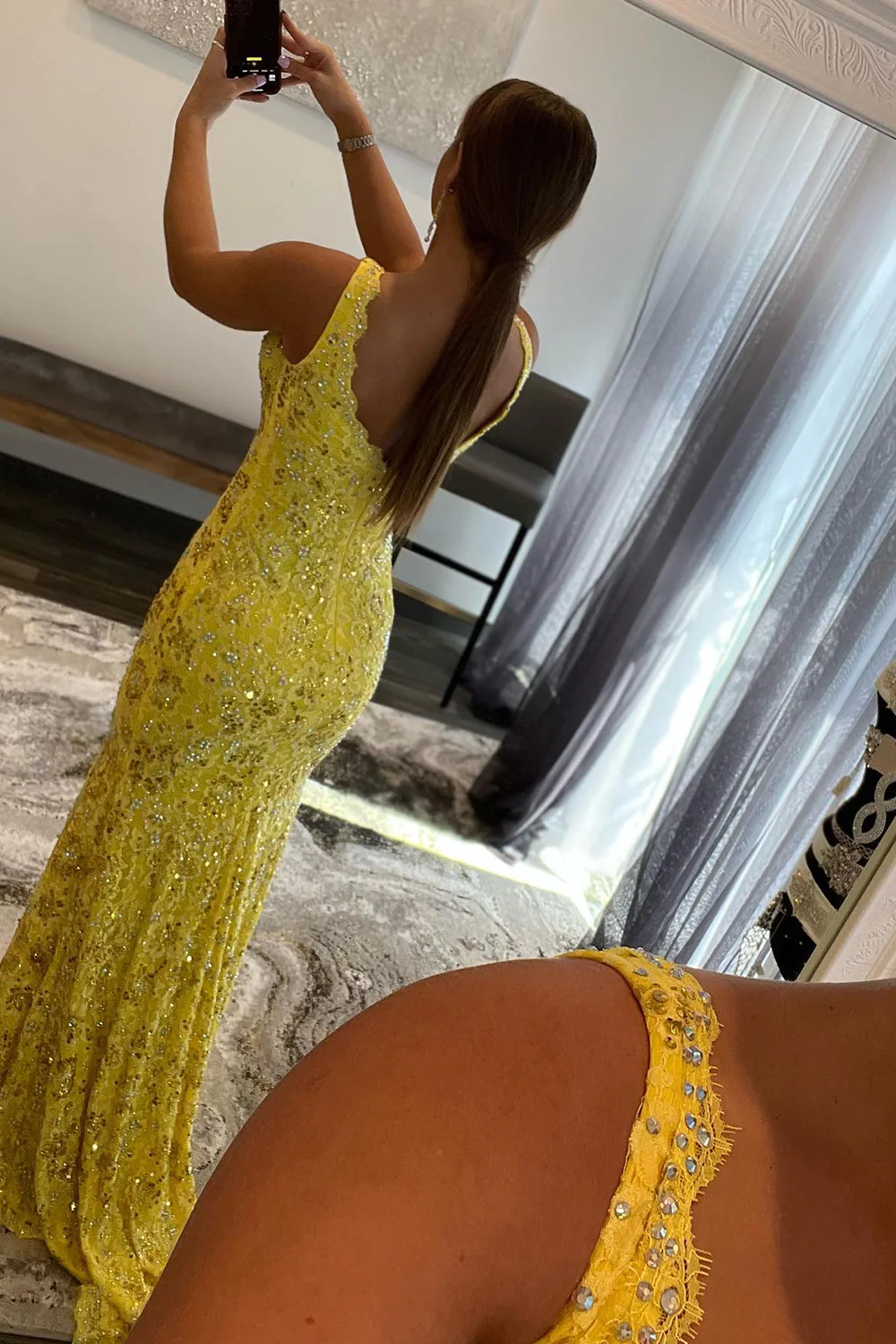 Sparkly Yellow Mermaid Lace Long Prom Dress with Beading nv686