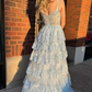 Light Blue Lace Sweetheart Tiered Long Prom Dress with Slit nv857