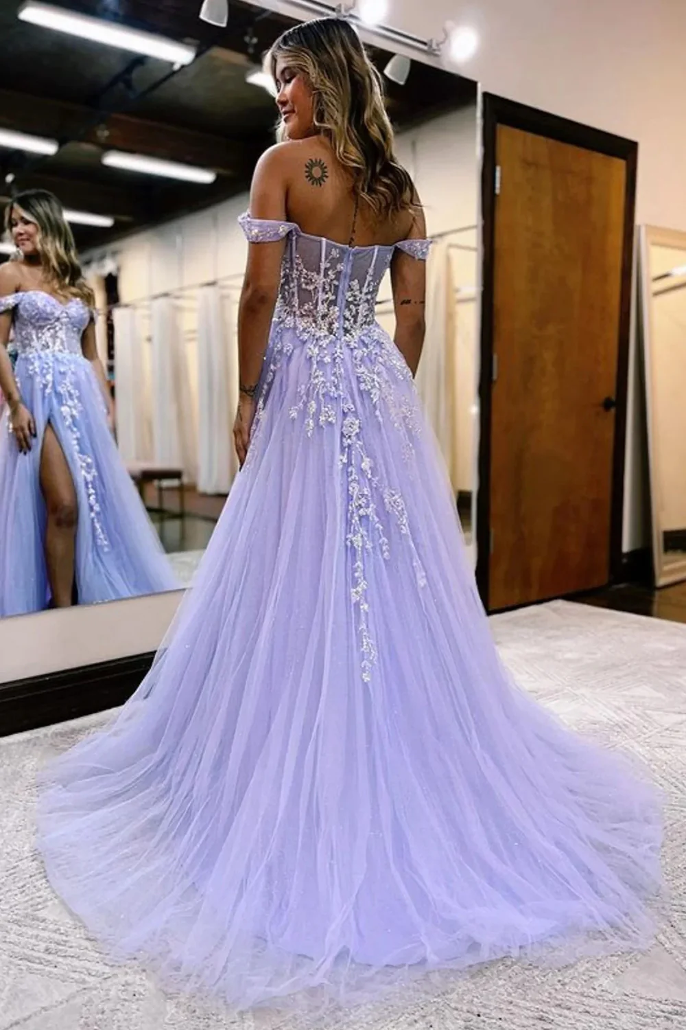 Sparkly Lilac Sequins Corset A-Line Long Prom Dress with Slit nv668