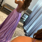 A Line Deep V Neck Purple Long Prom Dress with Beading nv682