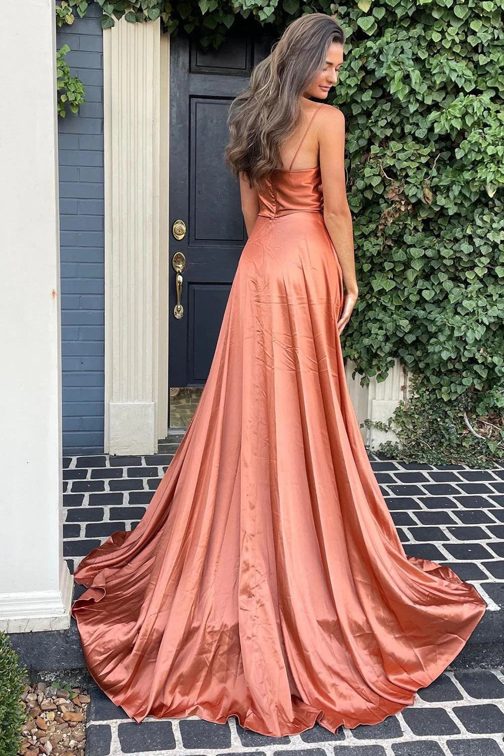 A Line Spaghetti Straps Blush Long Prom Dress with Split Front nv674