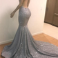 Blue Sequins Backless Long Mermaid Crystal Beaded Prom Dress nv845