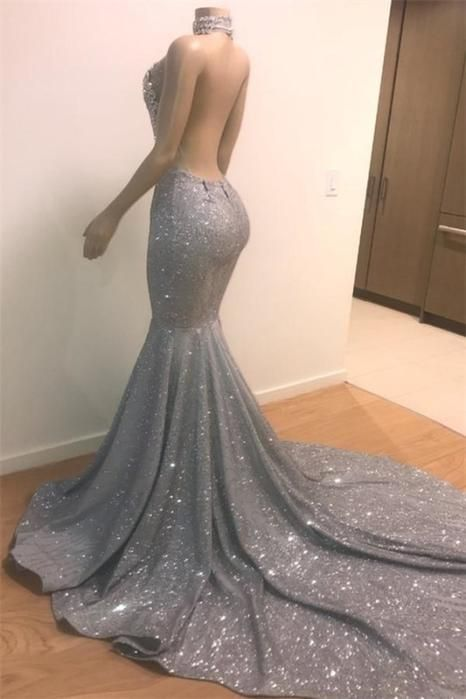 Blue Sequins Backless Long Mermaid Crystal Beaded Prom Dress nv845