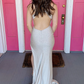 Sheath High Neck White Sequins Long Prom Dress with Split Front nv693