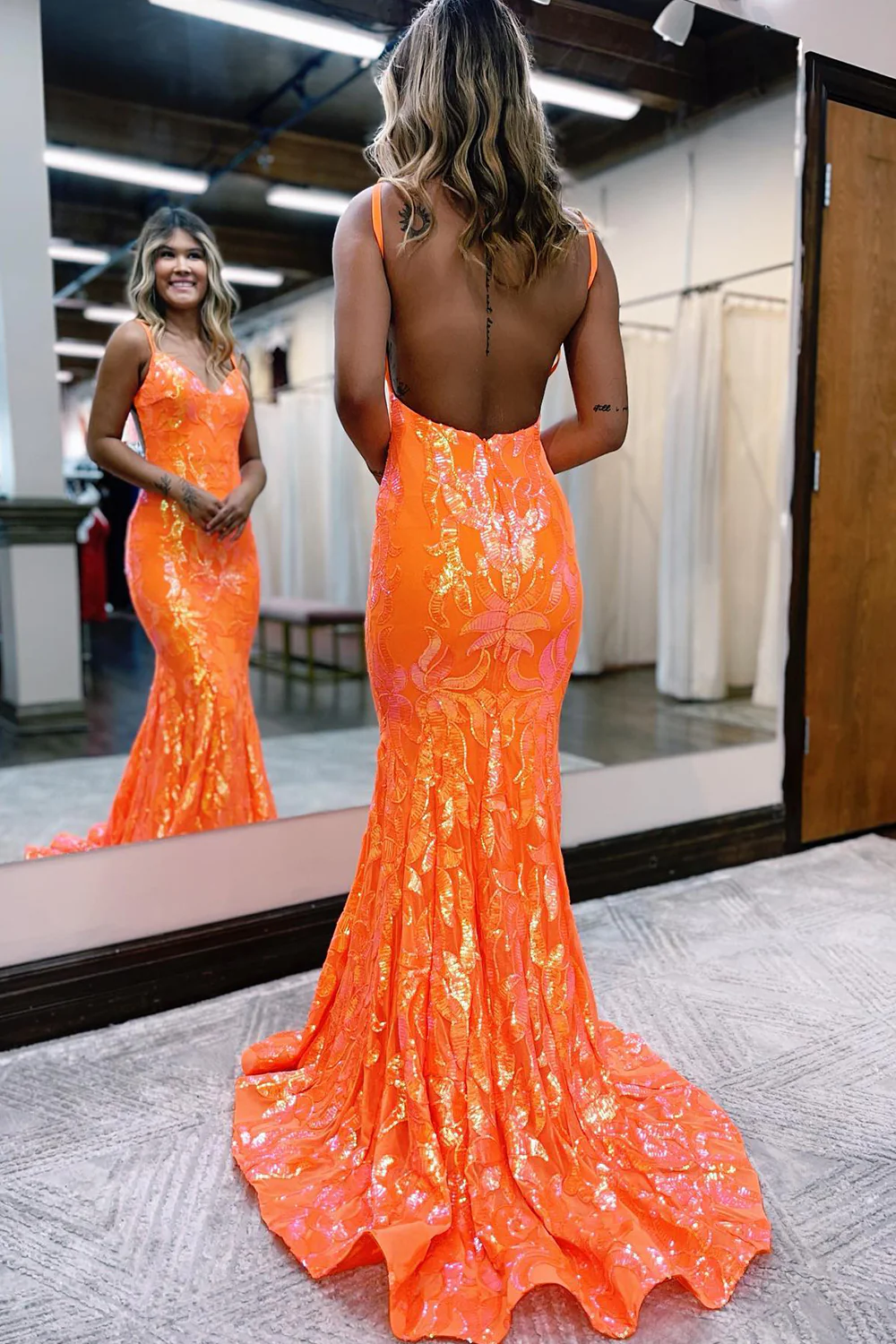 Sparkly Mermaid Orange Sequins Long Prom Dress nv627