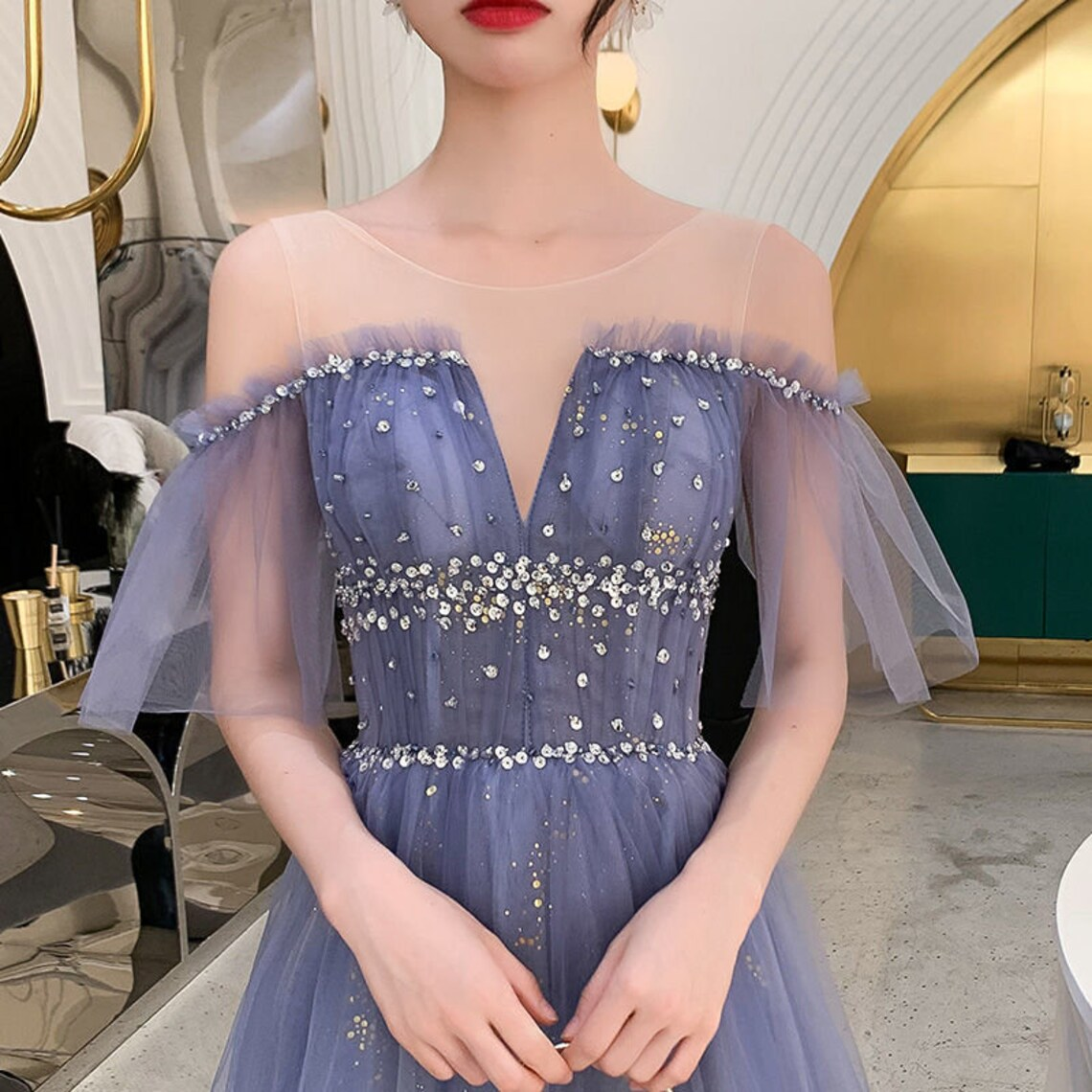 Blue Sequin Gown Dress | Glitter Blue Tulle Dress | Bridesmaid Dress | Evening Prom Dress nv592