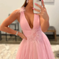 Light Pink V-Neck Backless Tulle Long Prom Dress nv698