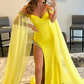 A Line Off the Shoulder Yellow Long Prom Dress with Slit nv702