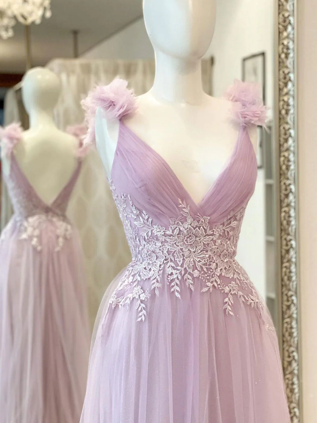 Aline V Neck Pink Long Prom Dresses, Pink Lace Long Formal Graduation Dresses nv834