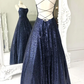 Sparkly Backless Navy Blue Long Prom Dresses, Open Back Long Navy Blue Formal Evening Dresses nv620