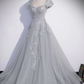 Gray tulle lace long prom dress, gray tulle lace long evening dress nv596