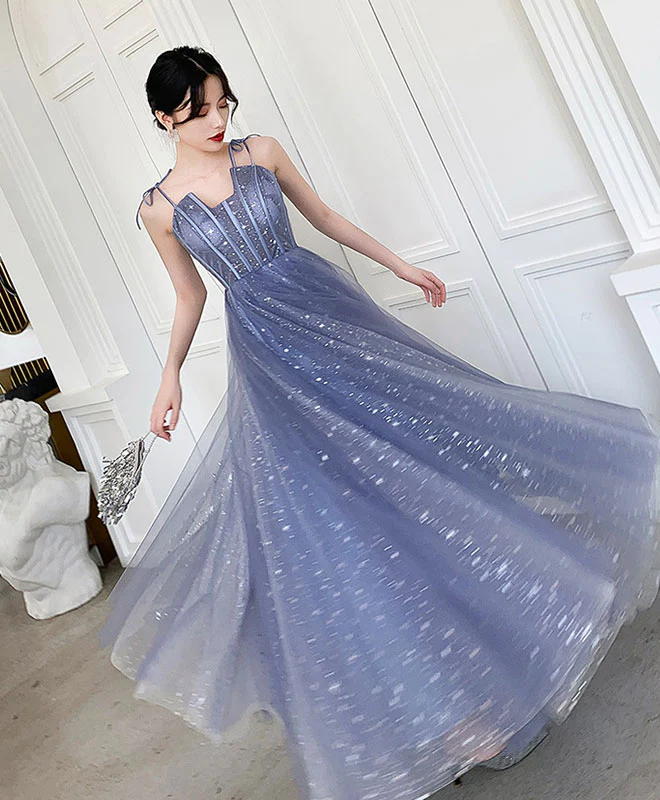 Blue Tulle Long Prom Dress, Blue Tulle Formal Dress nv598