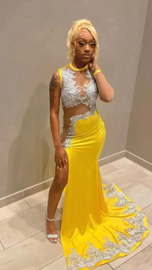 black girl yellow lace evening dresses,silver lace prom dresses, sexy evening dresses nv868