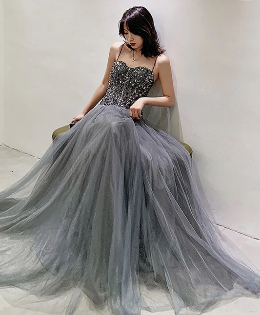 Gray Tulle Sequin Long Prom Dress Gray Tulle Formal Dress nv883