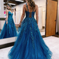 Cute A Line V Neck Vivid Blue Tulle Long Prom Dresses with Appliques nv705
