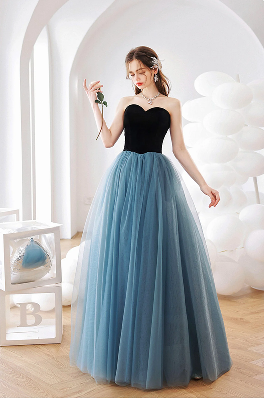 Blue Tulle Long A-Line Prom Dress, Lovely Strapless Evening Dress nv882