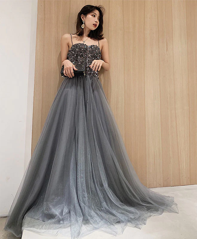 Gray Tulle Sequin Long Prom Dress Gray Tulle Formal Dress nv617