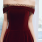 Elegant Wine Red Velvet Off Shoulder Long Prom Dress, Dark Red Long Evening Party Dress nv584