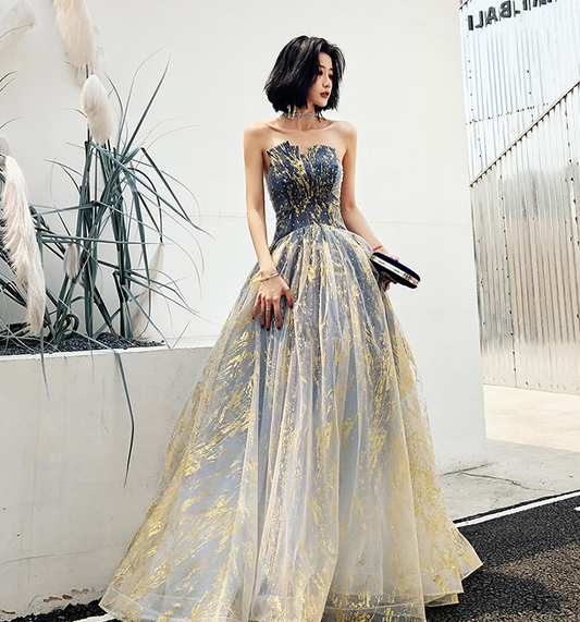 Blue elegant splash ink fashion design long tulle charming A-line ball gown evening dress nv587