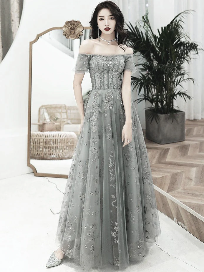 Grey Off Shoulder A-Line Tulle With Lace Long Party Dress, Grey Evening Dresses Prom Dress nv593