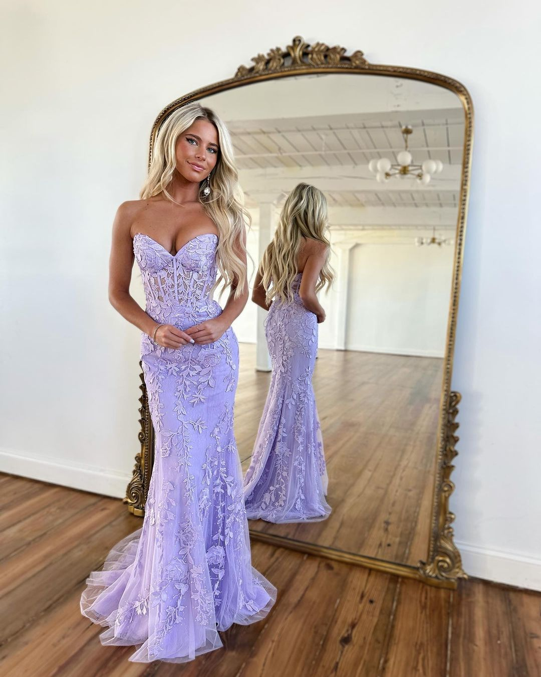Cute Mermaid Sweetheart Lavender Lace Prom Dresses nv760