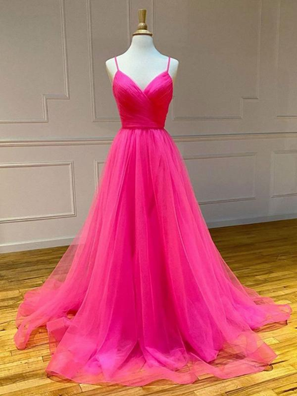 A Line V Neck Hot Pink Long Prom Dresses, V Neck Hot Pink Long Formal Evening Dresse nv778