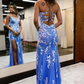 Blue Plunging V-Neck Embroidery Lace Long Prom Dress with Slit nv714