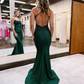 Charming Mermaid Scoop Neck Dark Green Satin Long Prom Dresses with Beading nv733