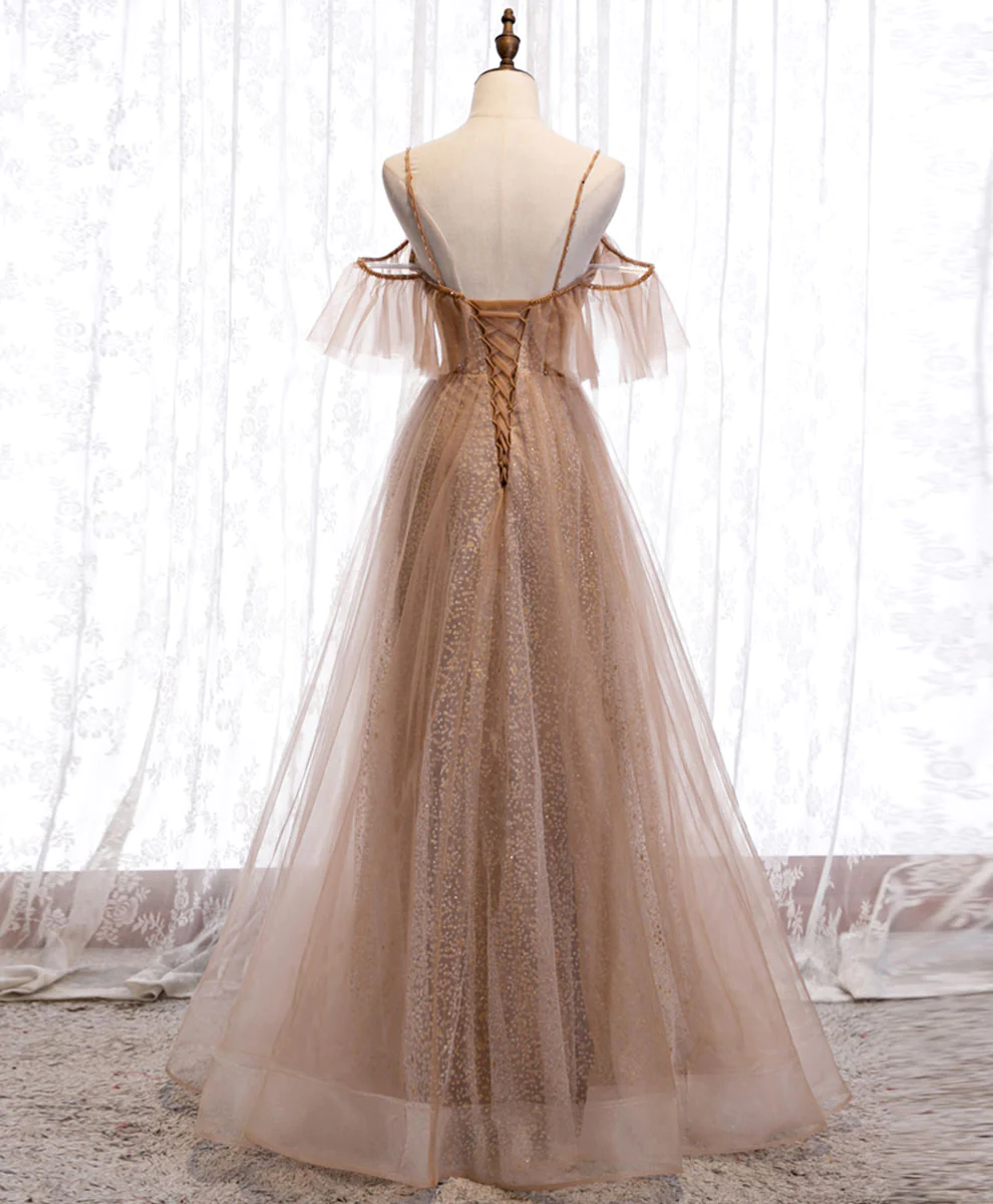 Champagne Tulle Sequin Long Prom Dress Champagne Evening Dress nv880