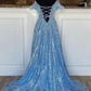 Blue Spaghetti Strap Sequined Lace Prom Dress, Blue Lace-Up Evening Dress nv828