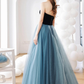 Blue Tulle Long A-Line Prom Dress, Lovely Strapless Evening Dress nv882