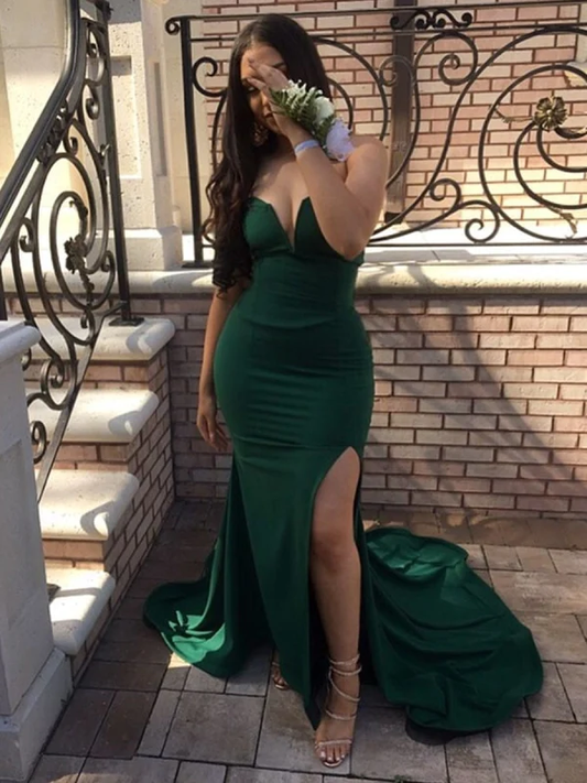 Dark Green Strapless Mermaid Split Long Prom with Sweep Train, Mermaid Dark Green Formal, Evening nv768