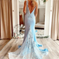 Open Back V Neck Mermaid Blue Floral Long Prom Dresses, Mermaid Blue Formal Evening Dresses with Flowers  nv751